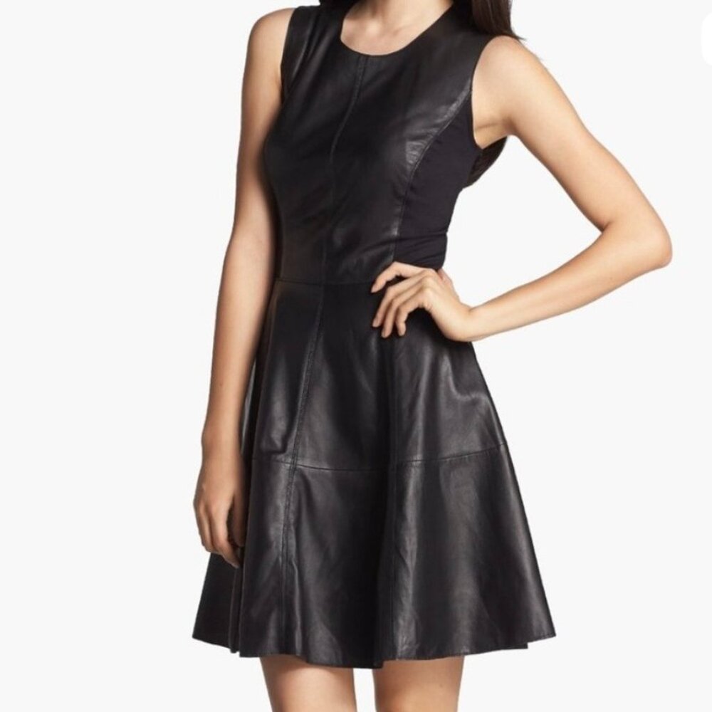 HALOGEN Genuine Buttersoft Leather Dress, Fit & Flare, Sleeveless, 4P